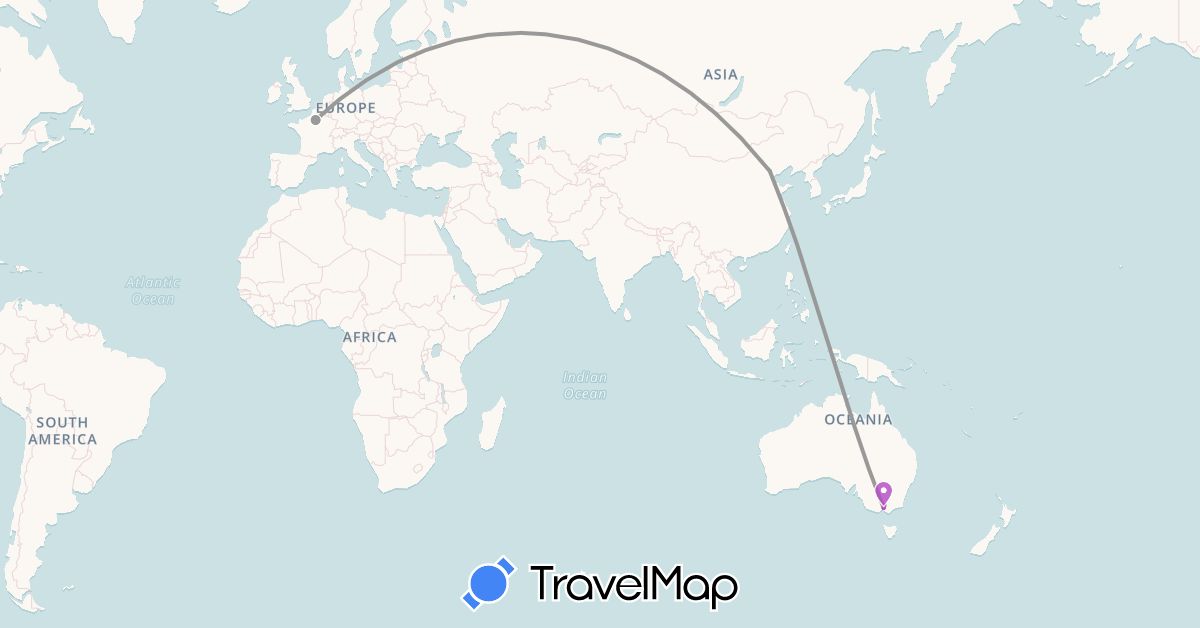 TravelMap itinerary: plane, train in Australia, France (Europe, Oceania)